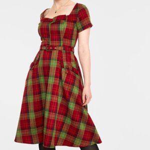 Voodoo Vixen Christmas Red & Green Plaid Belted Swing Dress Plus Size